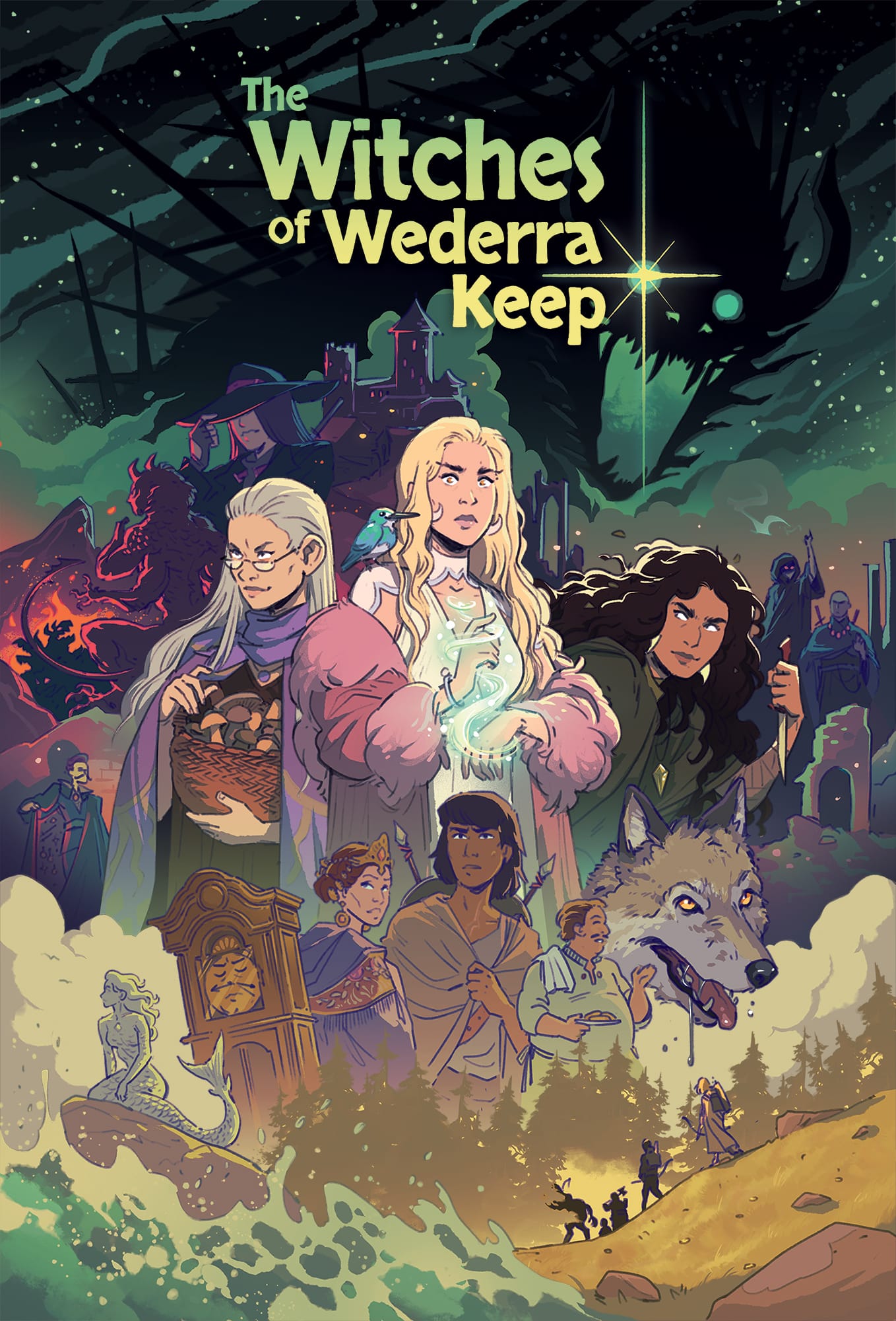 A movie poster of The Witches of Wederra Keep with a cast of characters arranged across the field. In the center our heroes - (L to R) Minerva the Old Soul with a basket of mushrooms and a purple cloak with faint sun emblem, Charley the Pure Heart, with her kingfisher familiar on her shoulder and magic at her fingertips, and Circe the Wild Spirt, at the ready with her dagger.  In the background behind them is a spread of villains and the Wederra Keep - demons, hooded figures and cloaked and armed agents. An enormous shadow of a demon towers overhead in the clouds in the distance.  In the foreground beneath our heroes, a mermaid on a rock at the edge of the sea, an old grandfather clock, a regally dressed woman, a scarred warrior, a portly barkeep, a giant wolf, and armed figures marching after the shadow of a creature in the forest, weapons on their backs.