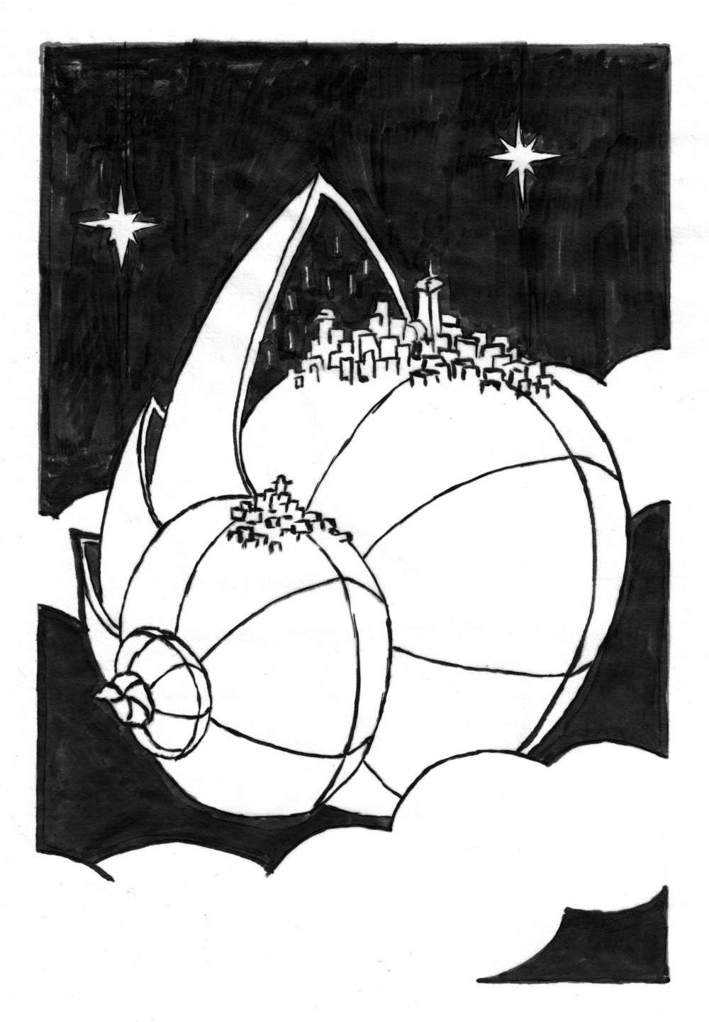 A shell-like structure reminiscent of the Sydney Opera House with a city on it floating through a starry clouded night sky.