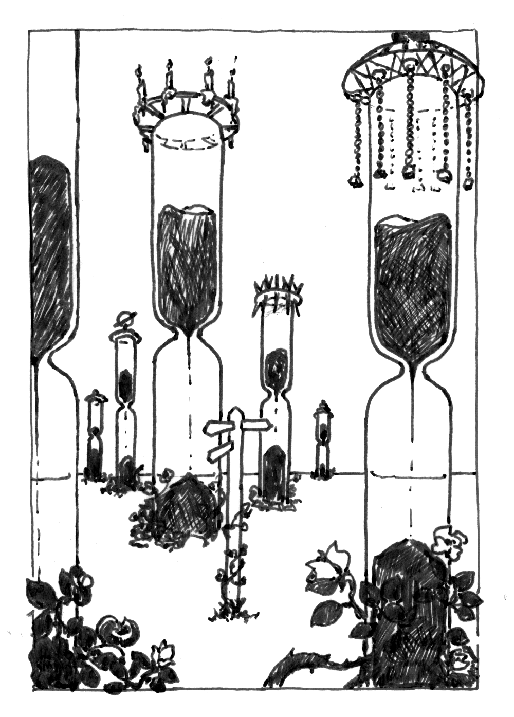 A forest of hourglass sand clocks towering over the viewer, each telling a different time and wreathed in rose bushes at their base. A small signpost in the middle tells which way to go.