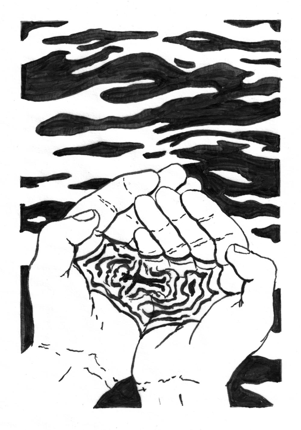 Cupped hands lifting water out of a pool and in the pond within the palm floats a small humanoid figure.