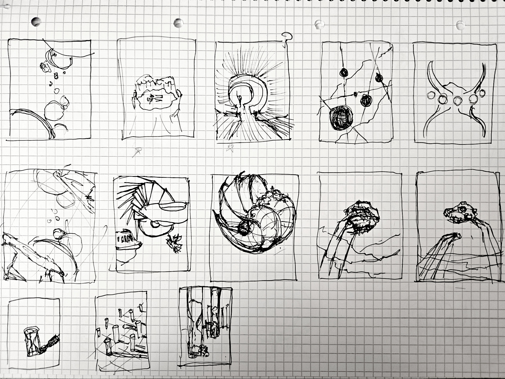 thirteen thumbnail sketches in black ink on graph paper. Each thumbnail is around 4.5x6.5cm