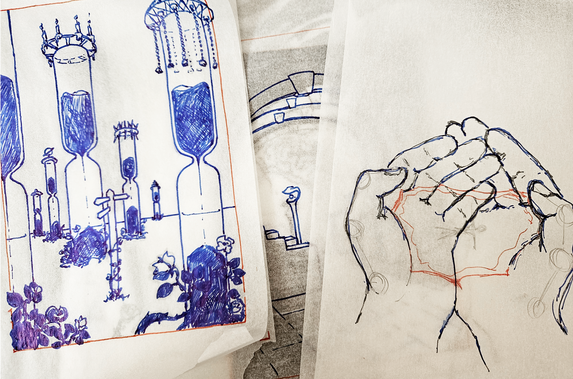 Sketches in blue, black and red pen on tracing paper.