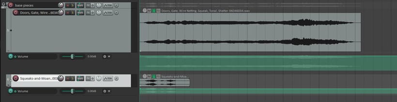 Screenshot of the DAW Reaper showing two audio tracks, one is long and one is short. The long one is called 'Doors, Gate, Wire...' and the short one is called 'Squeaks and Moan...'