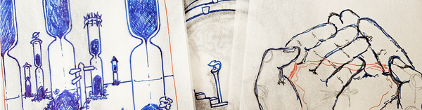 Sketches in black, blue and red pen on tracing paper